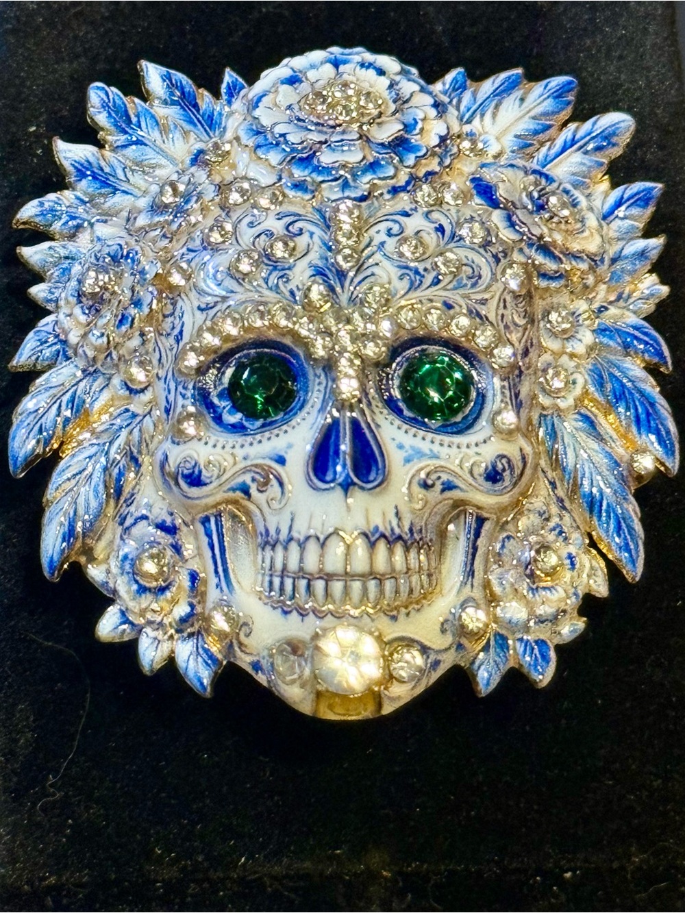 Blue and Gold Floral Sugar Skull Brooch with Green Gem Eyes